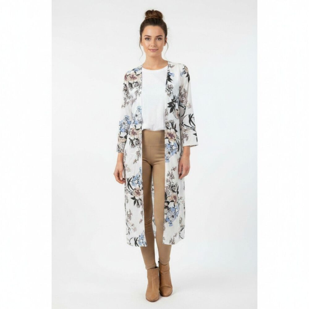 Miss Ord White Floral Long Sleeve Tie Front Long Kimono Robe Top L